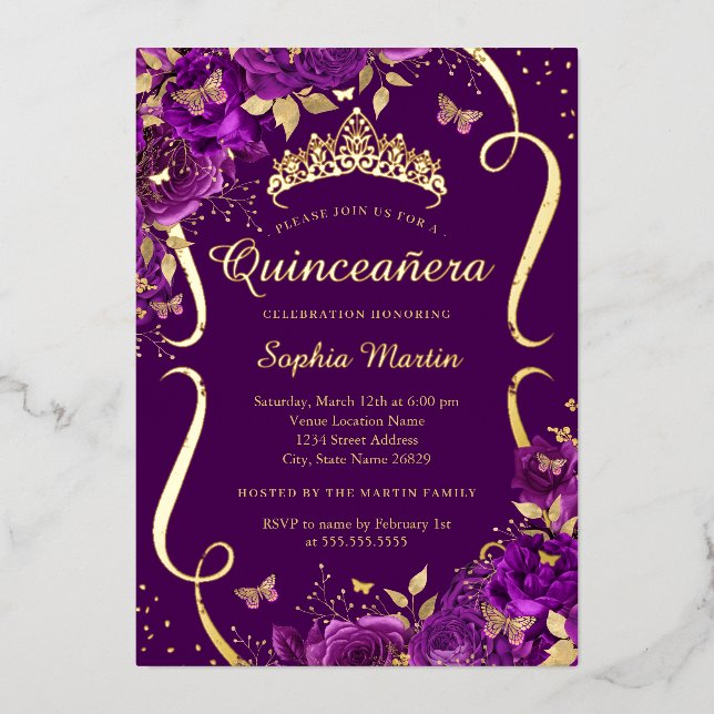 Invitation En Aluminium Papillon floral Rose pourpre Tiara Quinceanera (Recto)