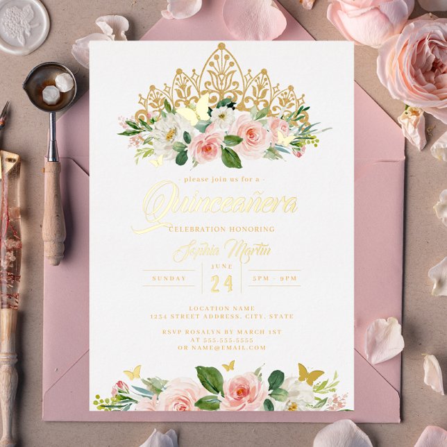 Invitation En Aluminium Papillon floral rose rose or Tiara Quinceanera (Créateur téléchargé)