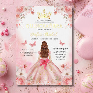 Invitation En Aluminium Papillon floral rose rose pâle Quinceañera