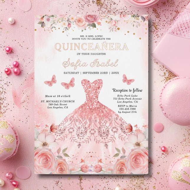 Invitation En Aluminium Papillon floral rose rose pâle Quinceañera (Créateur téléchargé)
