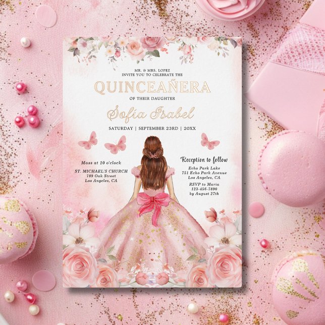 Invitation En Aluminium Papillon floral rose rose pâle Quinceañera (Créateur téléchargé)