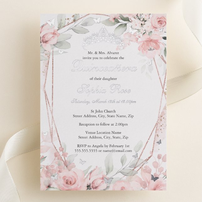 Invitation En Aluminium Papillon floral rose rose Quinceanera (Créateur téléchargé)