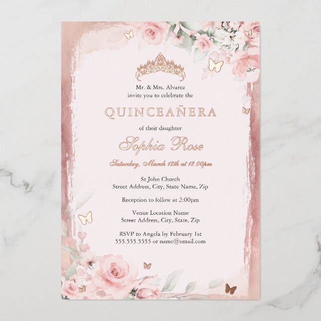 Invitation En Aluminium Papillon floral rose rose Tiara Quinceanera 15e (Recto)