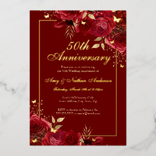Invitation En Aluminium Papillon Floral Rouge 50e Anniversaire de Mariage