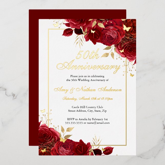 Invitation En Aluminium Papillon floral rouge 50e anniversaire Mariage (Recto/Verso)
