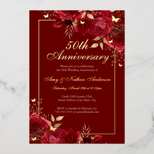Invitation En Aluminium Papillon floral rouge 50e anniversaire Mariage (Recto)