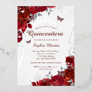 Invitation En Aluminium Papillon floral rouge argent Élégant Quinceanera
