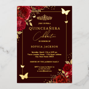 Invitation En Aluminium Papillon floral rouge Bourgogne Tiara Quinceanera