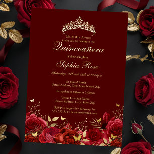 Invitation En Aluminium Papillon Floral Rouge Or Tiara Quinceanera