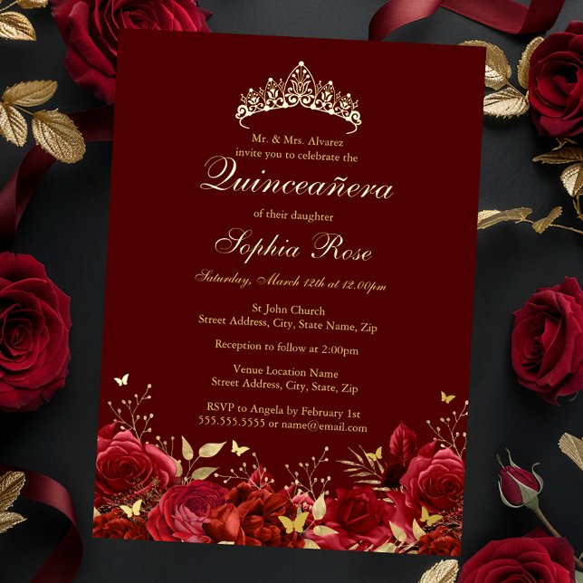 Invitation En Aluminium Papillon Floral Rouge Or Tiara Quinceanera (Créateur téléchargé)