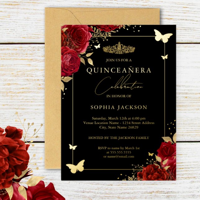 Invitation En Aluminium Papillon Floral Rouge Tiara Quinceanera (Créateur téléchargé)