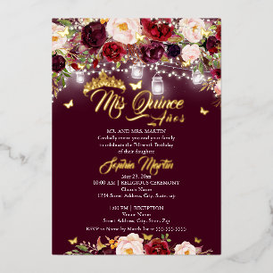 Invitation En Aluminium Papillon floral rustique de Bourgogne Quinceanera