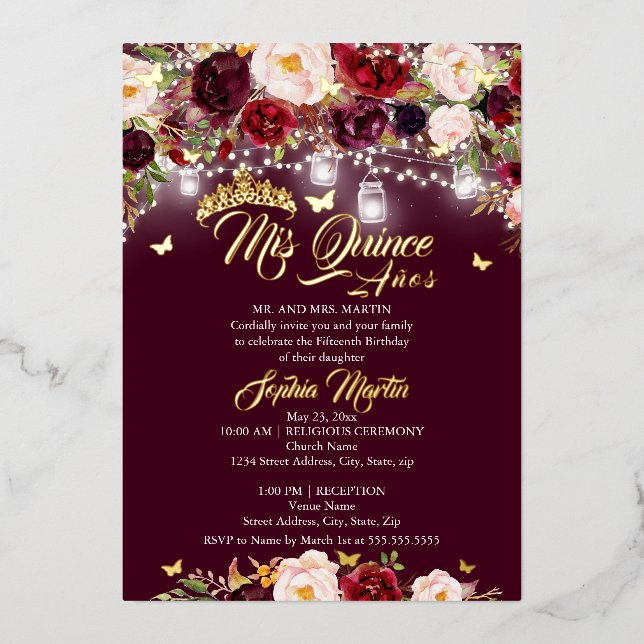 Invitation En Aluminium Papillon floral rustique de Bourgogne Quinceanera (Recto)