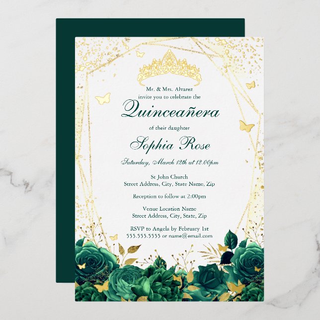 Invitation En Aluminium Papillon floral Tiara Emerald Quinceanera (Recto/Verso)