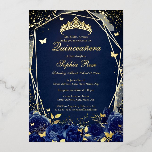 Invitation En Aluminium Papillon floral Tiara Marine Quinceanera (Recto)