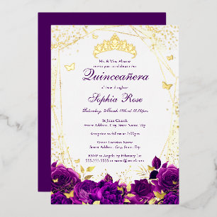 Invitation En Aluminium Papillon floral Tiara Violet Quinceanera