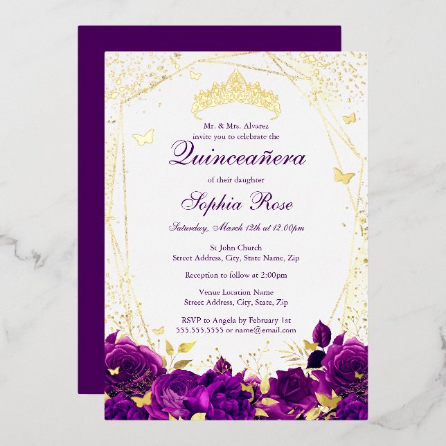 Invitation En Aluminium Papillon floral Tiara Violet Quinceanera (Recto/Verso)