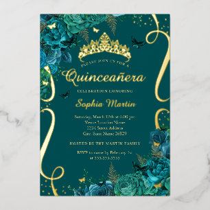 Invitation En Aluminium Papillon Floral turquoise or élégant Quinceanera