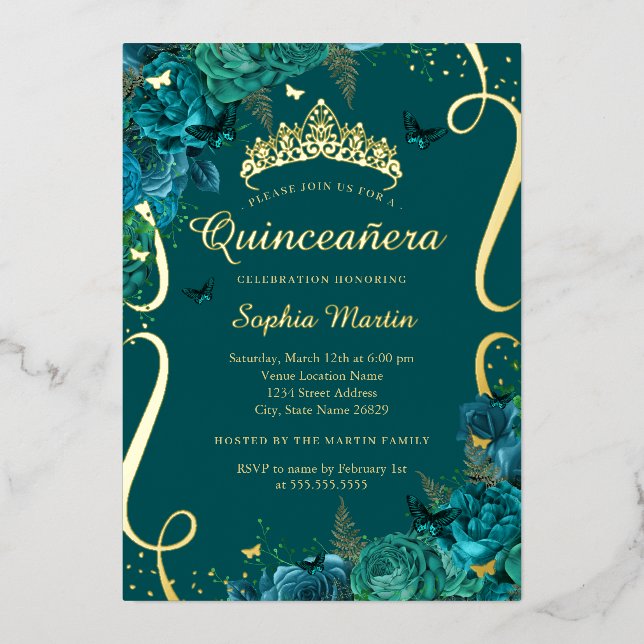 Invitation En Aluminium Papillon Floral turquoise or élégant Quinceanera (Recto)