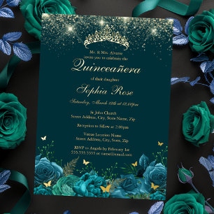 Invitation En Aluminium Papillon Floral Turquoise Or Tiara Quinceanera