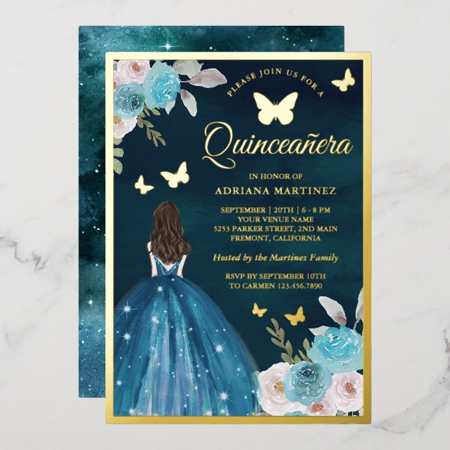 Invitation En Aluminium Papillon floral Turquoise Turquoise Quinceanera Go (Recto/Verso)