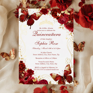 Invitation En Aluminium Papillon Floral Vintage Or Quinceanera Doré Rouge