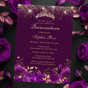 Invitation En Aluminium Papillon floral violet d'or Tiara Quinceanera