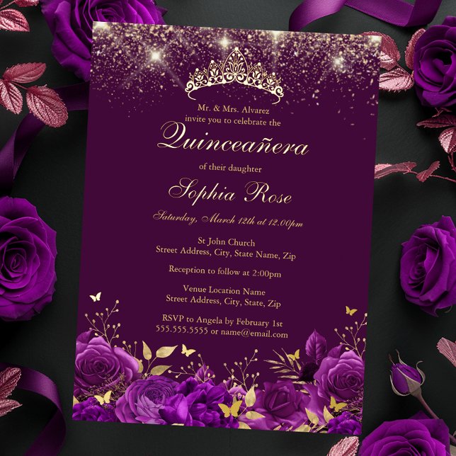 Invitation En Aluminium Papillon floral violet d'or Tiara Quinceanera (Créateur téléchargé)