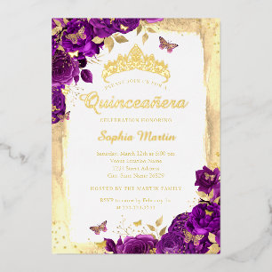 Invitation En Aluminium Papillon floral violet élégant Quinceanera