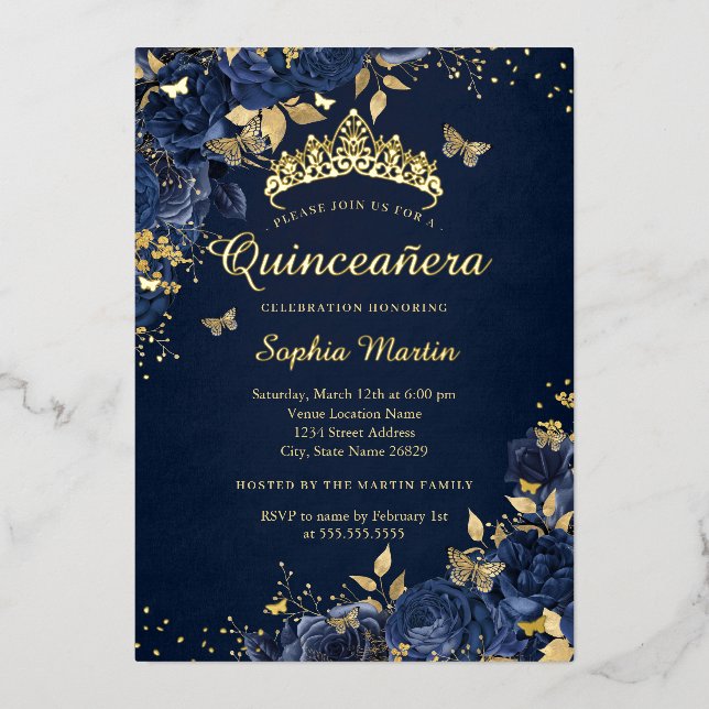 Invitation En Aluminium Papillon Flower Gold Royal Navy Quinceanera (Recto)