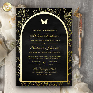 Invitation En Aluminium Papillon Mariage Arc Noir Ligne d'Art Or