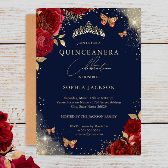 Invitation En Aluminium Papillon Marine Rose Rouge Or Tiara Quinceanera (Créateur téléchargé)