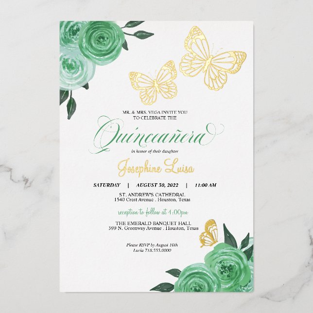 Invitation En Aluminium Papillon Mint Green Roses Quinceanera Real (Recto)