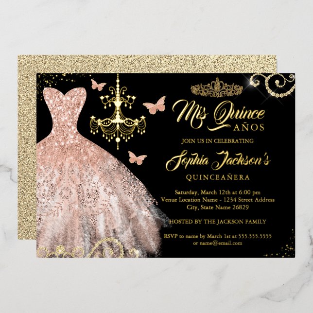 Invitation En Aluminium Papillon noir rose or Tiara Robe Quinceanera (Recto/Verso)