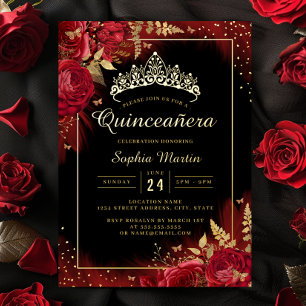 Invitation En Aluminium Papillon noir rouge Quinceanera Floral