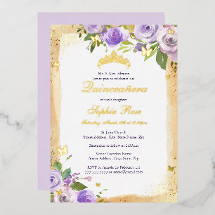 Invitation En Aluminium Papillon pourpre Rose Floral Quinceanera