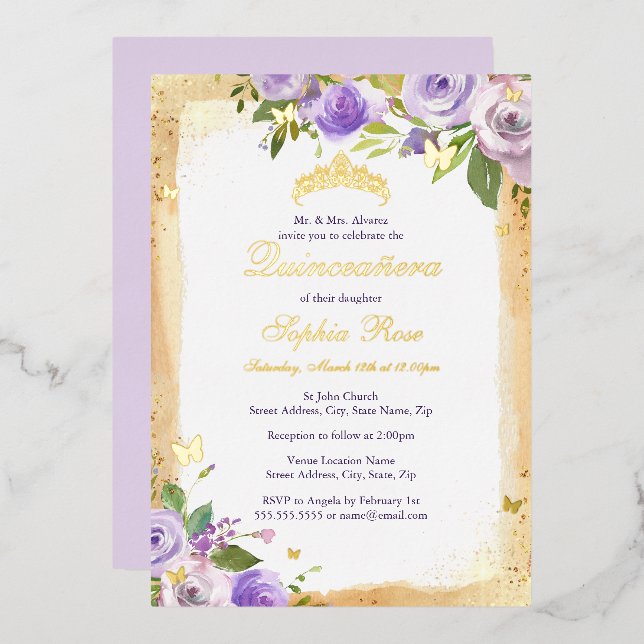 Invitation En Aluminium Papillon pourpre Rose Floral Quinceanera (Recto/Verso)