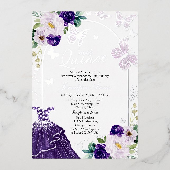 Invitation En Aluminium Papillon Quince Foncé Robe Violet Argent (Recto)