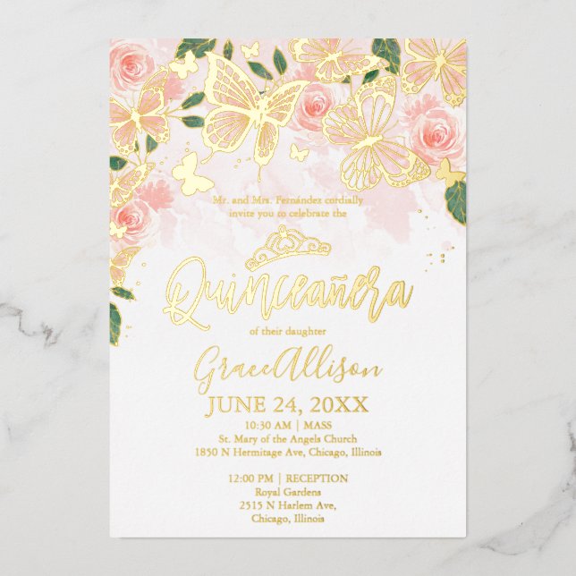 Invitation En Aluminium Papillon Quinceanera rose pâle (Recto)