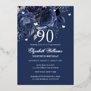 Invitation En Aluminium Papillon Rose Argent Navy 90e Anniversaire
