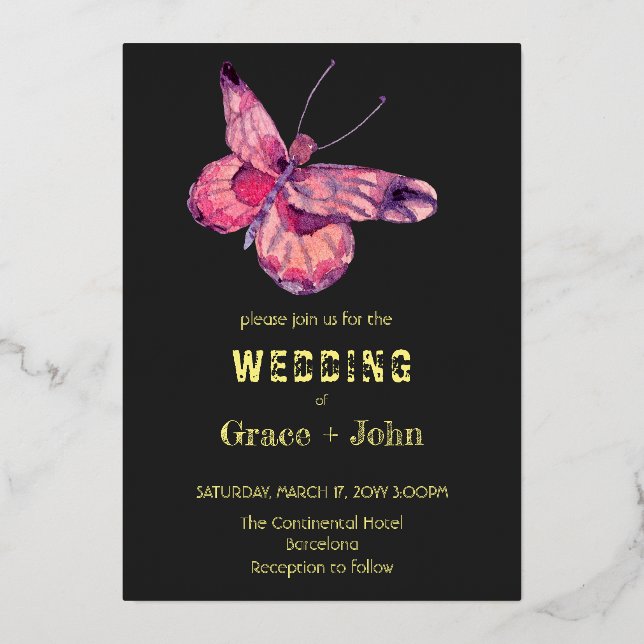 Invitation En Aluminium Papillon rose brillant (Recto)