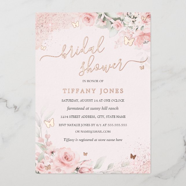 Invitation En Aluminium Papillon rose Fête des mariées florale (Recto)