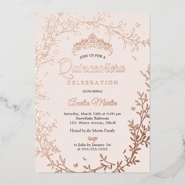 Invitation En Aluminium Papillon Rose feuille d'or couronne Quinceanera (Recto)