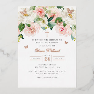 Invitation En Aluminium Papillon Rose Gold Fille Première Communion Feuill
