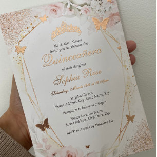 Invitation En Aluminium Papillon Rose or rose rose rose flou Quinceanera