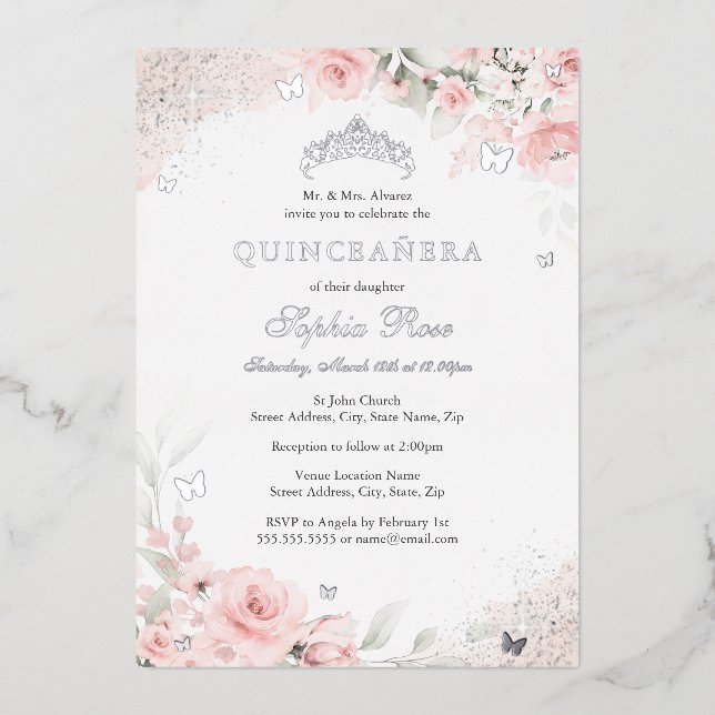 Invitation En Aluminium Papillon rose pâle rose quinceanera en argent (Recto)