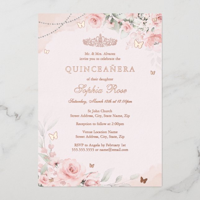 Invitation En Aluminium Papillon rose rose pâle molle Quinceanera 15e (Recto)