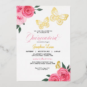 Invitation En Aluminium Papillon rose roses Quinceanera Real