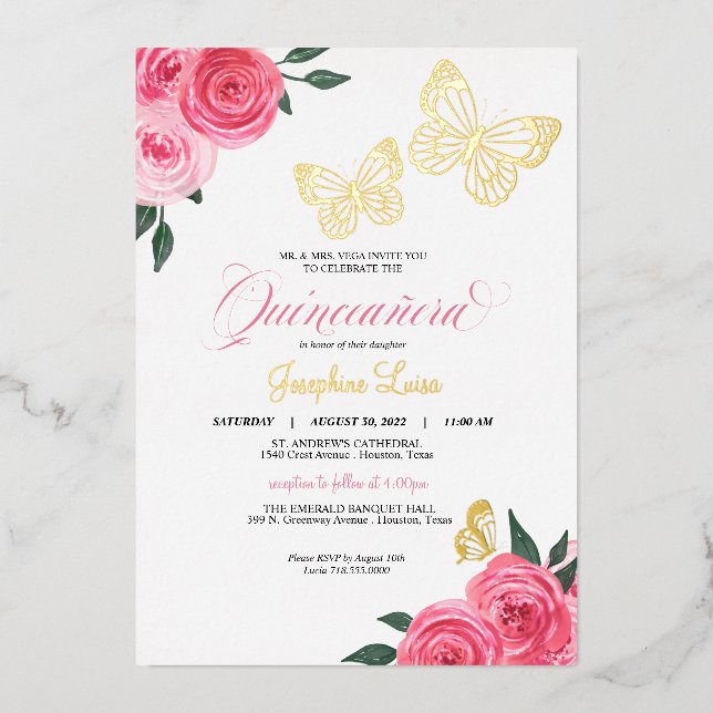 Invitation En Aluminium Papillon rose roses Quinceanera Real (Recto)
