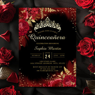 Invitation En Aluminium Papillon rouge or photo florale Quinceanera